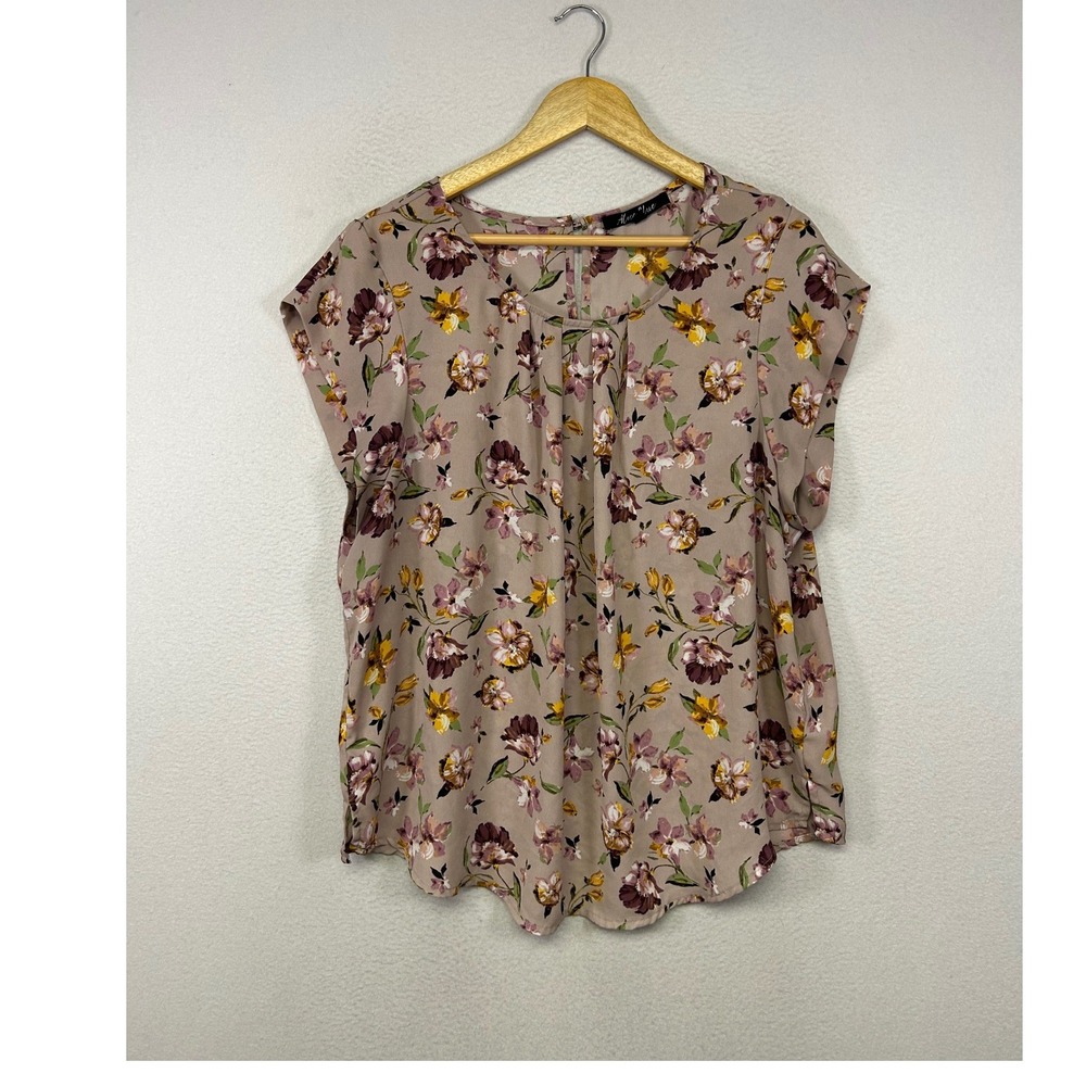 Alice Blue Mauve Floral Short Sleeve Blouse with Yellow Accents